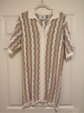 Wavy Stripe Button-Down Mini Dress in Beige & White